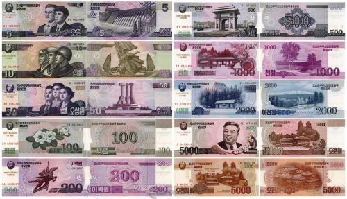 Северная Корея набор банкнот 5/10/50/100/200/500/1000/5000 вон 2012 100-летие Ким Ир Сена | Интернет-магазин евромонета.рф