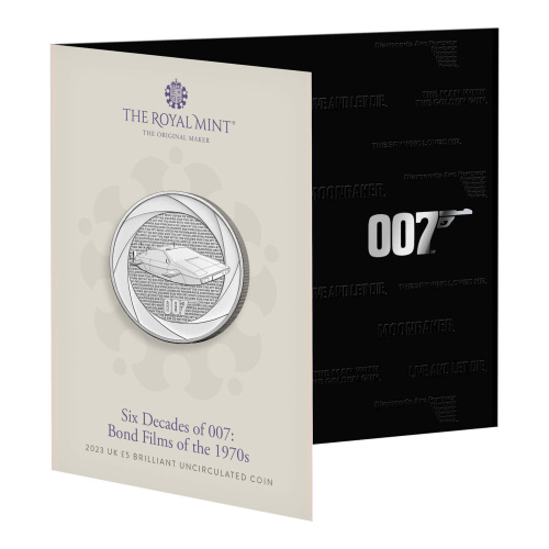 Юбилейная монета Великобритания 5 фунтов 2023 Фильмы о Бонде 1970-х годов - Шпион, который меня любил. Буклет ВU 
