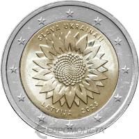 Памятные монеты 2 евро UNC Латвия 2 евро 2023 Украинский подсолнух фото из магазина евромонета.рф