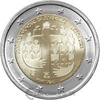 Памятные монеты 2 евро UNC Португалия 2 евро 2023 Всемирный день молодежи в Лиссабоне 2023 фото из магазина евромонета.рф