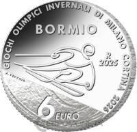 Коллекционная монета Италия 6 евро 2025 Зимние Олимпийские Игры 2026 Милан-Кортина, Горнолыжный спорт фото из магазина евромонета.рф