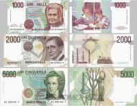 Италия набор банкнот 1000/2000/5000 лир 1985-1990  фото из магазина евромонета.рф
