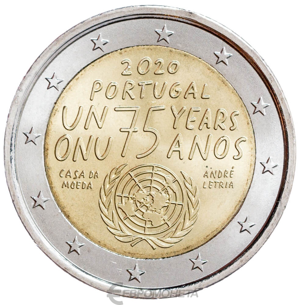 Оон 2020. Монета 75 лет ООН. Монета 2 евро 2020 Португалия 100.