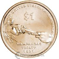 США 1 доллар 2011 Сакагавея. Договор с Вампаноагами - трубка мира. P  фото из магазина евромонета.рф
