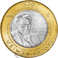 Монеты Мексики Мексика 20 песо 2010 20 лет присуждения Нобелевской премии по литературе Октавио Пасу фото из магазина евромонета.рф