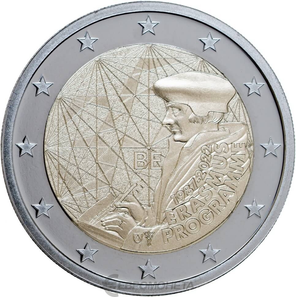 Памятные монеты евро. 2 Евро Бельгия 2022. Бельгия 2 евро 2022 Эразмус. 2 Евро Австрия 2022 Эразмус.