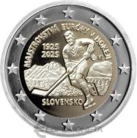 Памятные монеты 2 евро пруф Словакия 2 евро 2025 100-летие первого Чемпионата Европы по хоккею. Пруф ( Proof ) фото из магазина евромонета.рф