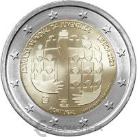 Памятные монеты 2 евро UNC Португалия 2 евро 2023 Всемирный день молодежи в Лиссабоне 2023 фото из магазина евромонета.рф