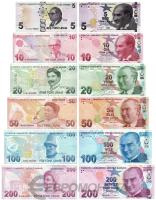 Банкноты Турции Турция набор банкнот 5/10/20/50/100/200 лир 2009-2024 фото из магазина евромонета.рф