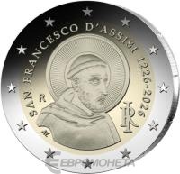 Памятные монеты 2 евро пруф Италия 2 евро 2026 800 лет со дня смерти Франциска Ассизского. Пруф ( Proof ) фото из магазина евромонета.рф