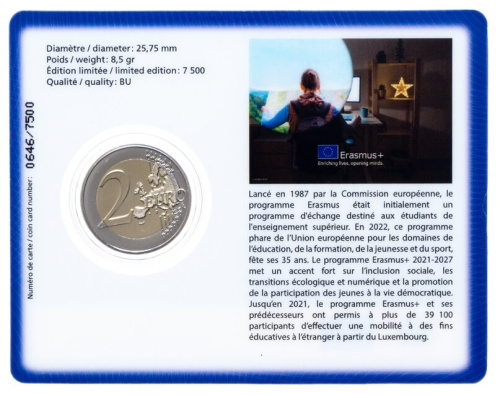 Юбилейная монета Люксембург 2 евро 2022 35 лет программе Erasmus ( знак МД ). BU 