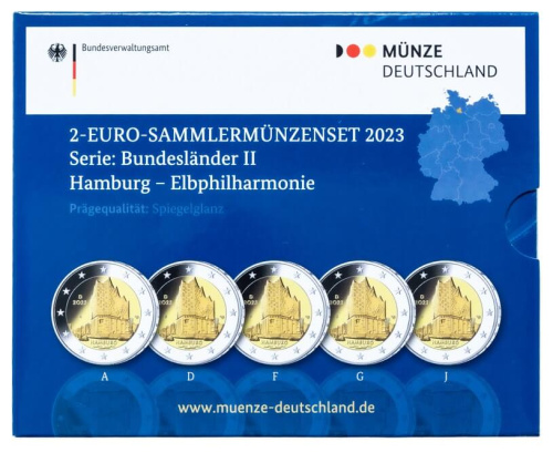 Германия официальный набор из 5 монет 2 евро 2023 Гамбург - Эльбская филармония. Пруф | Интернет-магазин евромонета.рф
