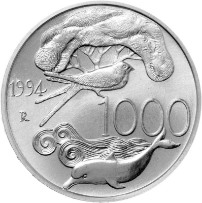 Италия 1000 лир 1994 Защита дикой природы  фото из магазина евромонета.рф 1