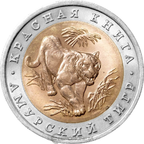 Юбилейная монета Россия 10 рублей 1992 Амурский тигр - Красная книга  