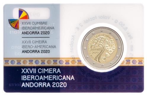 Юбилейная монета Андорра 2 евро 2020 XXVII Иберо-американский саммит. Пруф ( Proof ) 