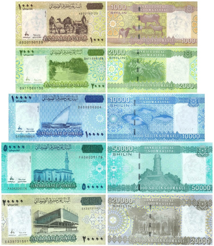 Банкноты Сомали Сомали набор банкнот 1000/2000/10000/20000/50000 шиллингов 2010 фото из магазина евромонета.рф