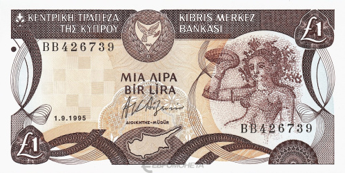 Банкноты Кипра Кипр 1 фунт 1995 фото из магазина евромонета.рф