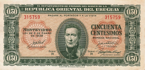 Банкноты Уругвая Уругвай 50 сентимо 1939 VF фото из магазина евромонета.рф