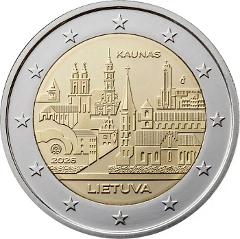 Памятные монеты 2 евро UNC Литва 2 евро 2026 Город Каунас фото из магазина евромонета.рф
