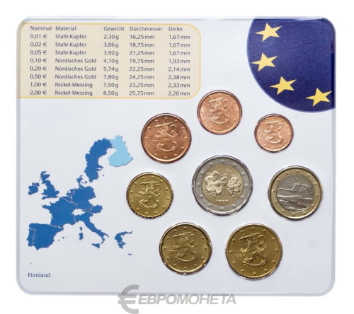 Финляндия 2002 стартовый набор монет евро ( 8 монет, от 1 цент до 2 евро ) в интернет-магазине евромонета.рф