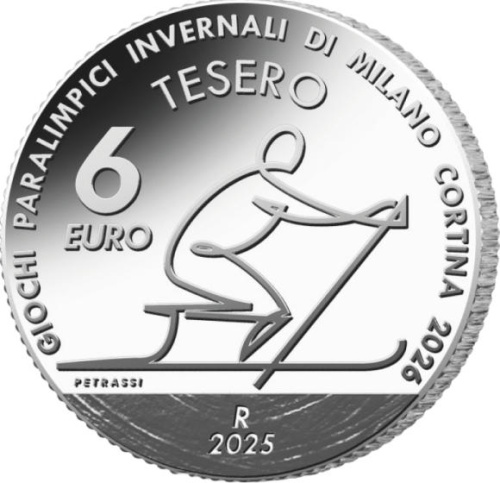 Коллекционная монета Европы Италия 6 евро 2025 Зимние Олимпийские Игры 2026 Милан-Кортина, Паралимпийские лыжные гонки | Интернет-магазин евромонета.рф 