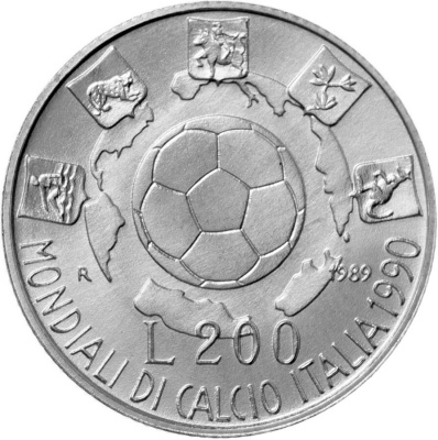 Италия 200 лир 1989 Футбол Чемпионат мира 1990  фото из магазина евромонета.рф 1