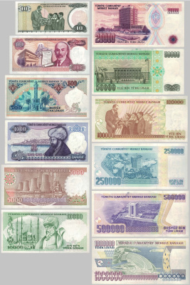 Банкноты Турции Турция набор банкнот 10/100/500/1000/5000/10000/20000/50000/10000/25000/500000/1000000 лир 1982-2002 фото из магазина евромонета.рф 1