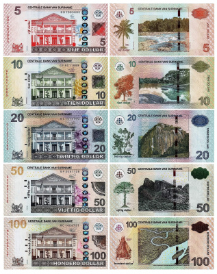 Юбилейная монета Суринам набор банкнот 5/10/20/50/100 долларов 2012-2020 фото в интернет-магазине евромонета.рф