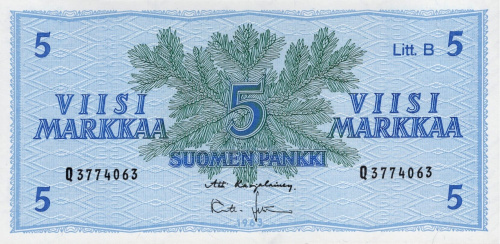 Банкноты Финляндии Финляндия 5 марок 1963 P#106A фото из магазина евромонета.рф