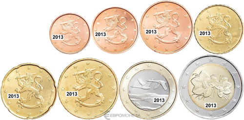 Финляндия 2013 набор монет евро 8 монет 1/2/5/10/20/50 евроцентов ( центов ) 1 и 2 евро. UNC в интернет-магазине евромонета.рф