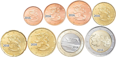 Финляндия 2016 набор монет евро 8 монет 1/2/5/10/20/50 евроцентов ( центов ) 1 и 2 евро. UNC в интернет-магазине евромонета.рф