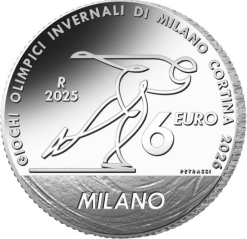 Коллекционная монета Европы Италия 6 евро 2025 Зимние Олимпийские Игры 2026 Милан-Кортина, Конькобежный спорт | Интернет-магазин евромонета.рф 