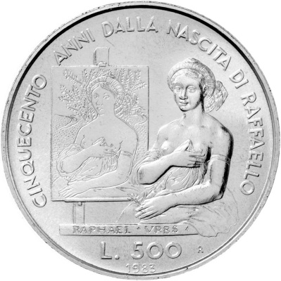 Сан Марино 500 лир 1983 500 лет со дня рождения Рафаэля  фото из магазина евромонета.рф 1