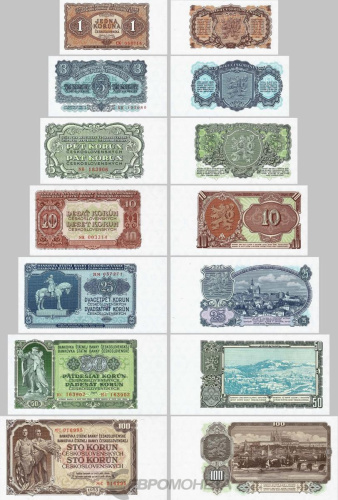 Банкноты Чехословакии Чехословакия набор банкнот 1/3/5/10/25/50/100 крон 1953 фото из магазина евромонета.рф
