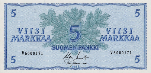 Банкноты Финляндии Финляндия 5 марок 1963 P#99 фото из магазина евромонета.рф