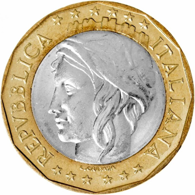 Италия 1000 лир 1997 (ошибочная карта Европы - ГДР и ФРГ)  фото из магазина евромонета.рф 1