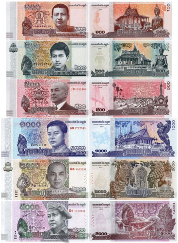 Камбоджа набор банкнот 100/200/500/1000/2000/5000 риель 2014-2022 | Интернет-магазин евромонета.рф