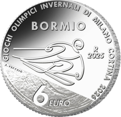 Коллекционная монета Европы Италия 6 евро 2025 Зимние Олимпийские Игры 2026 Милан-Кортина, Горнолыжный спорт | Интернет-магазин евромонета.рф 