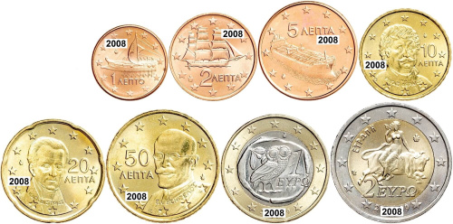 Греция 2008 набор монет евро 8 монет 1/2/5/10/20/50 евроцентов ( центов ) 1 и 2 евро. UNC в интернет-магазине евромонета.рф