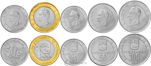 Монеты Венесуэлы Венесуэла набор монет 50 сентимо 1/10/50/100 боливаров 2016-2018 фото из магазина евромонета.рф