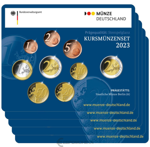 Германия 2023 5 официальных наборов монет евро ( 9 монет, от 1 цент до 2 евро + 2 евро памятная ) BU в интернет-магазине евромонета.рф