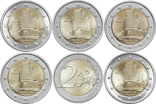 Германия комплект из 5 монет 2 евро 2023 Гамбург - Эльбская филармония (A, D, F, G, J). UNC | Интернет-магазин евромонета.рф