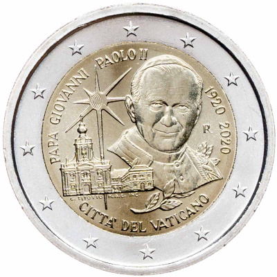 Памятные монеты 2 евро BU Ватикан 2 евро 2020 100-летие со дня рождения Иоанна Павла II фото из магазина евромонета.рф 1