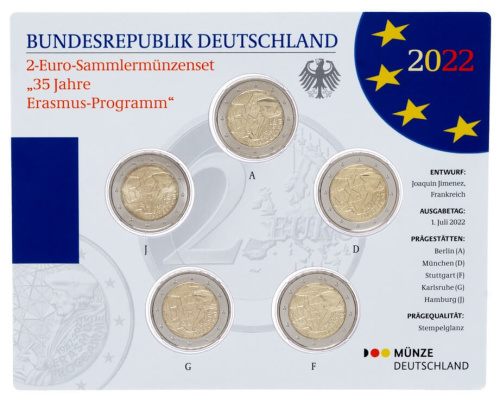Германия официальный набор из 5 монет 2 евро 2022 35 лет программе Erasmus (A, D, F, G, J) | Интернет-магазин евромонета.рф