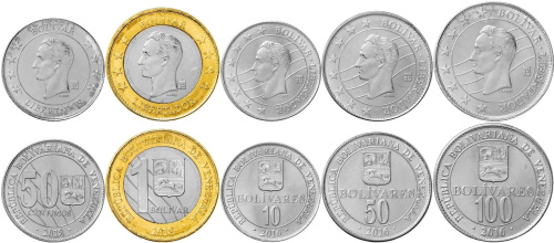 Монеты Венесуэлы Венесуэла набор монет 50 сентимо 1/10/50/100 боливаров 2016-2018 фото из магазина евромонета.рф