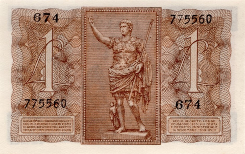 Банкноты Италии Италия 1 лира 1939 фото из магазина евромонета.рф