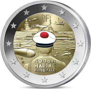 Памятные монеты 2 евро пруф Франция 2 евро 2026 400 лет Военно-морскому флоту Франции. Пруф ( Proof ) фото из магазина евромонета.рф