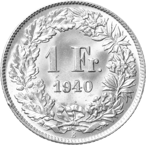 Монеты Швейцарии Швейцария 1 франк 1940 фото из магазина евромонета.рф