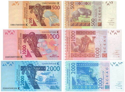 Банкноты Сенегала Сенегал набор банкнот 500/1000/2000 франков 2019-2022 фото из магазина евромонета.рф
