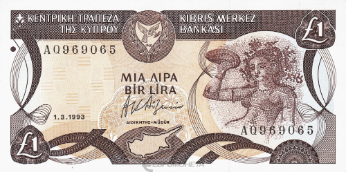 Банкноты Кипра Кипр 1 фунт 1993 фото из магазина евромонета.рф